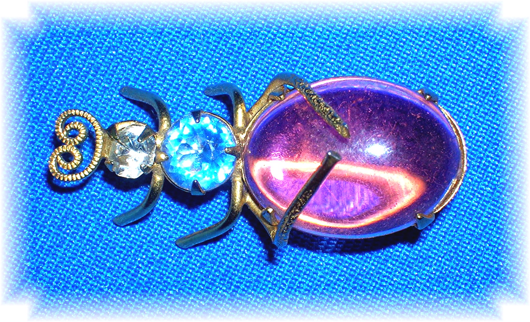 Pink Cabochon Blue and Clear Crystal  Bug Pin/Brooch