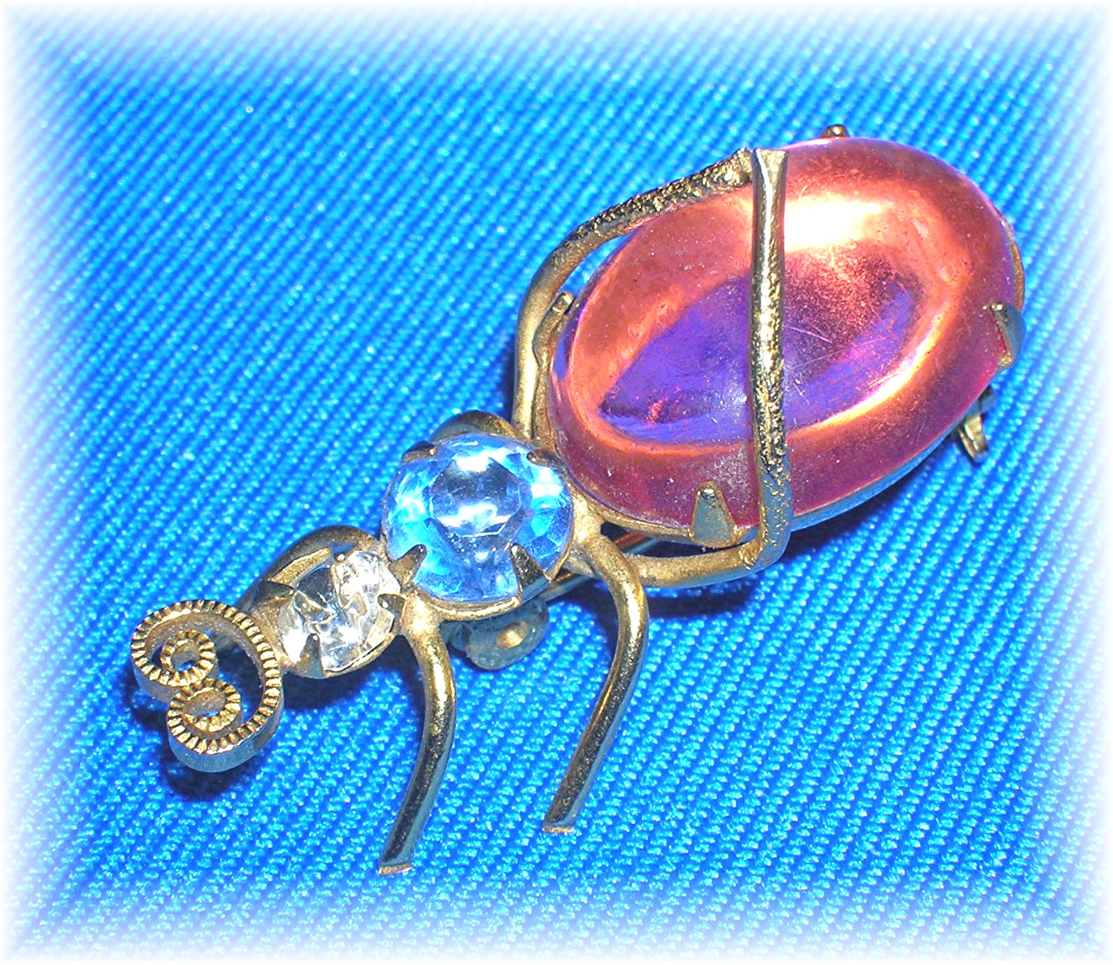 Pink Cabochon Blue and Clear Crystal  Bug Pin/Brooch