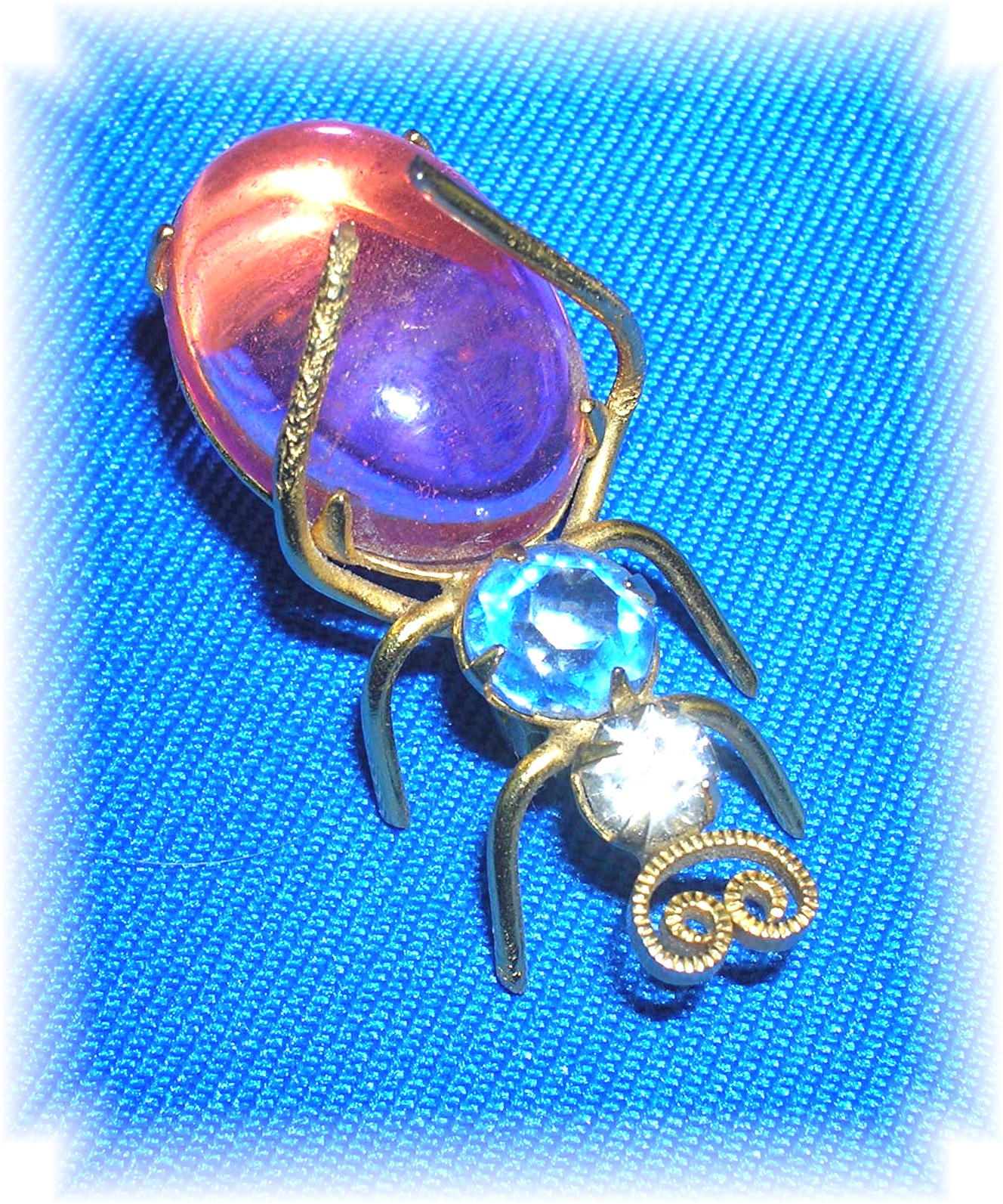 Pink Cabochon Blue and Clear Crystal  Bug Pin/Brooch