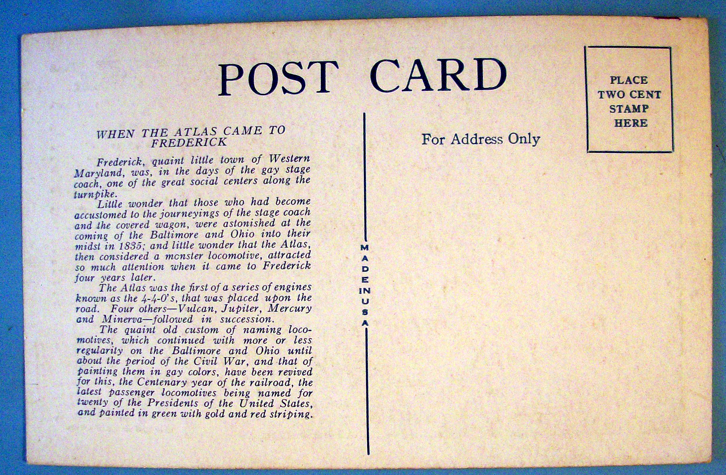 When Atlas Came To Frederick Postcard-Baltimore & Ohio