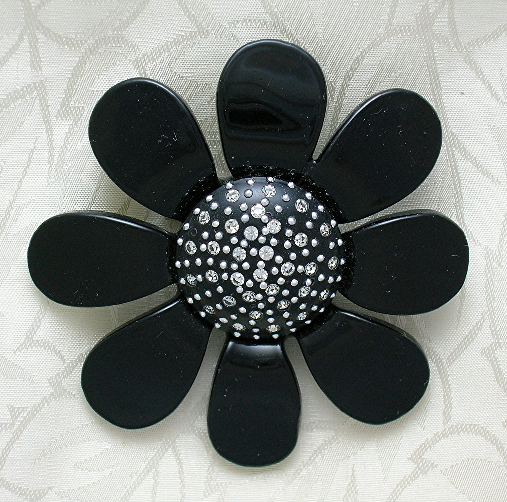 Crystal Black Lucite Flower brooch Vintage