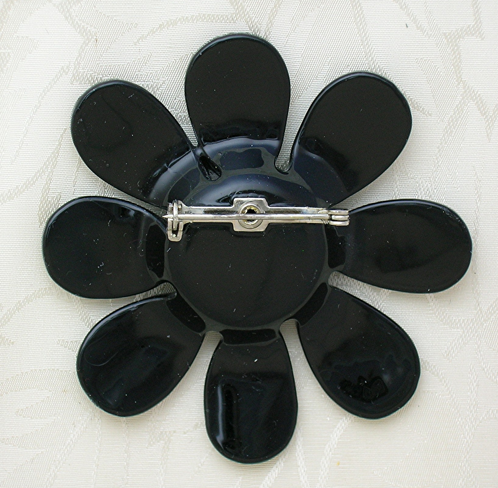 Crystal Black Lucite Flower brooch Vintage