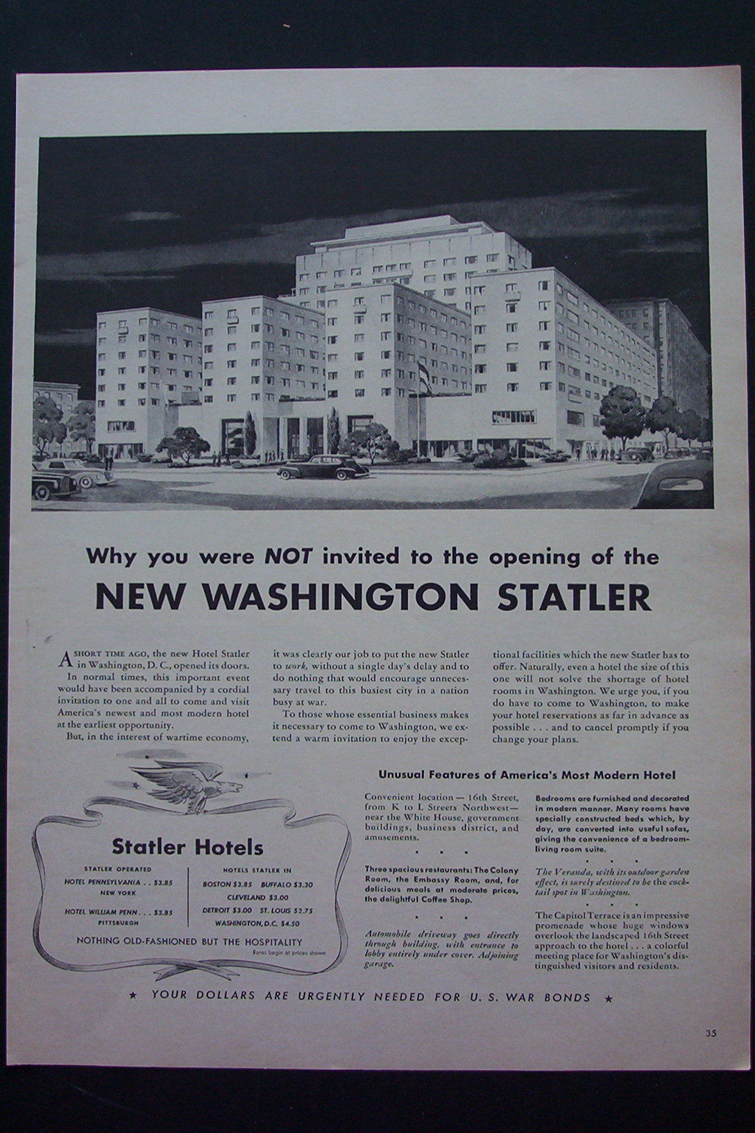 1943 Statler Hotels with New Washington Statler