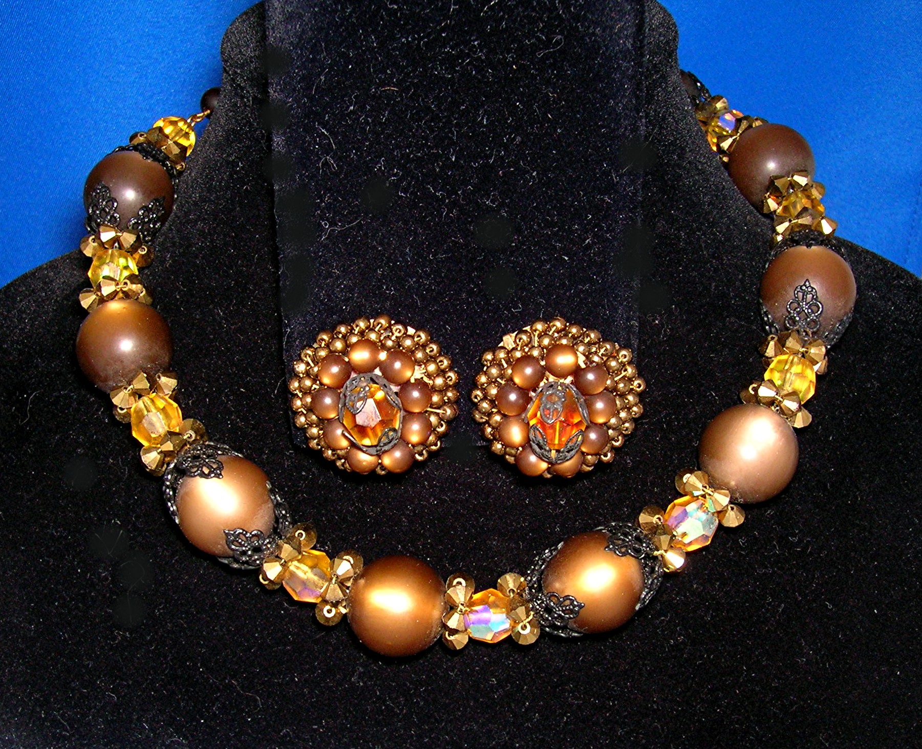 Hobe Bronze Filigree Glass Crystal Necklace Earrings