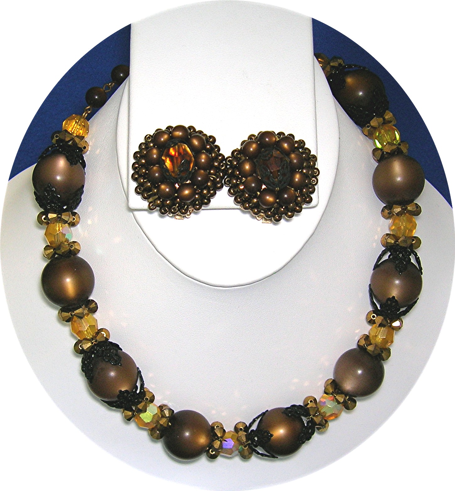 Hobe Bronze Filigree Glass Crystal Necklace Earrings