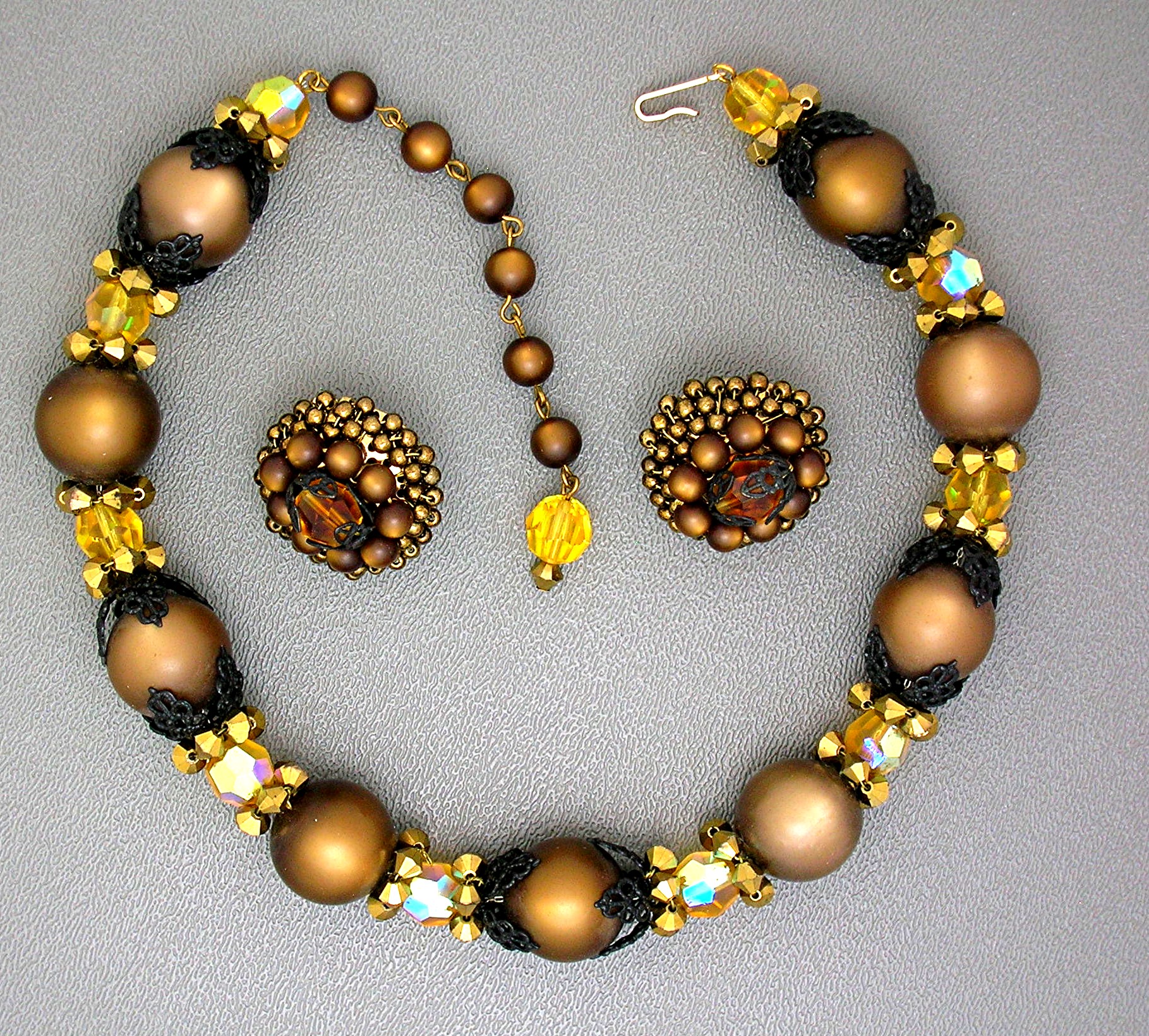 Hobe Bronze Filigree Glass Crystal Necklace Earrings