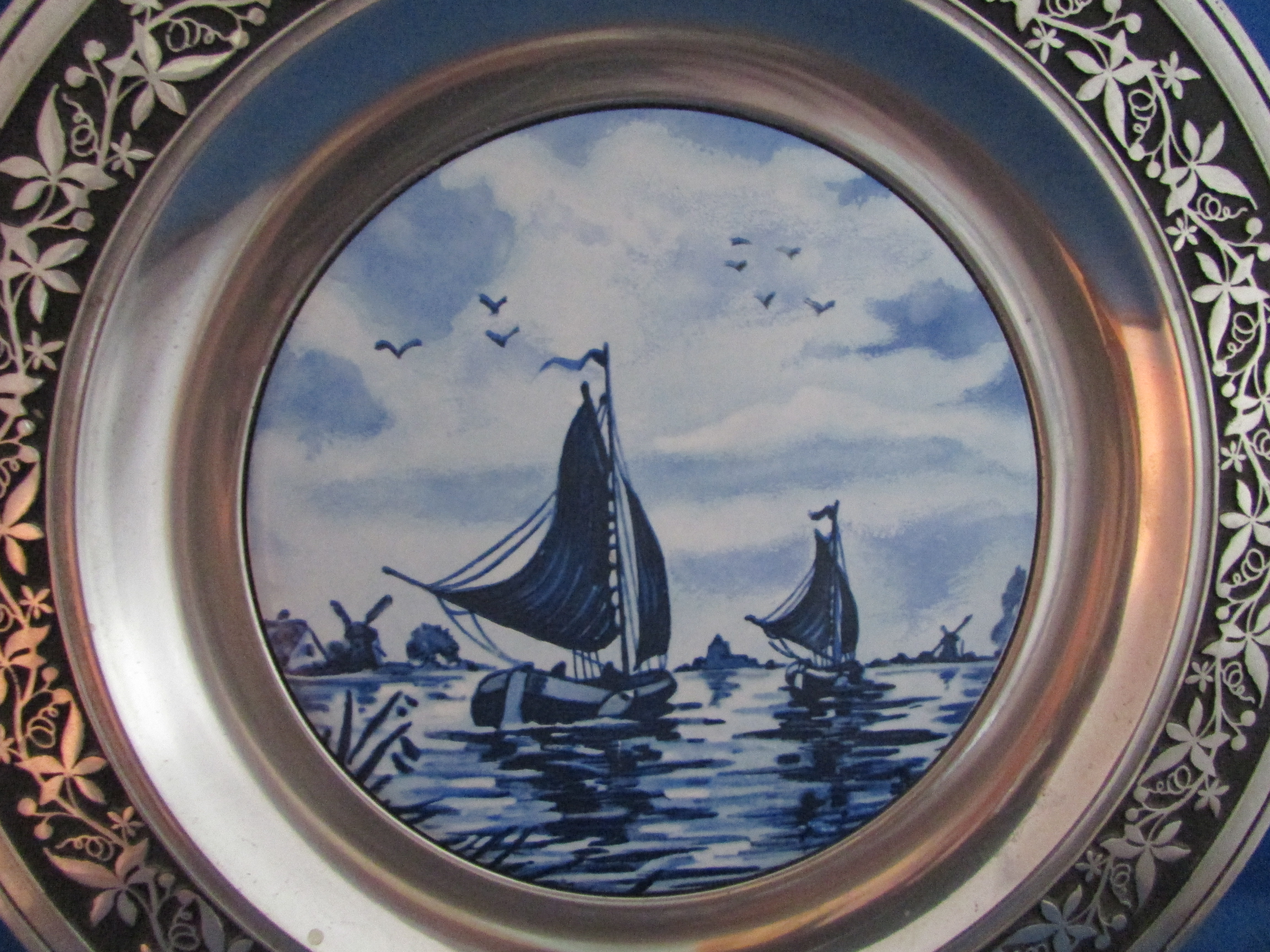 Delft Style Ceramic and Pewter Plate