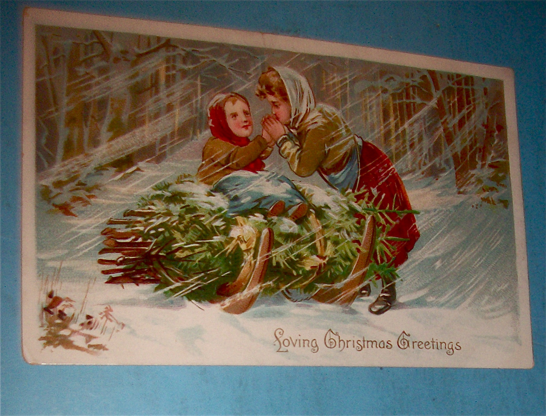 Christmas Greetings Postcard w/Woman & Son with Tree