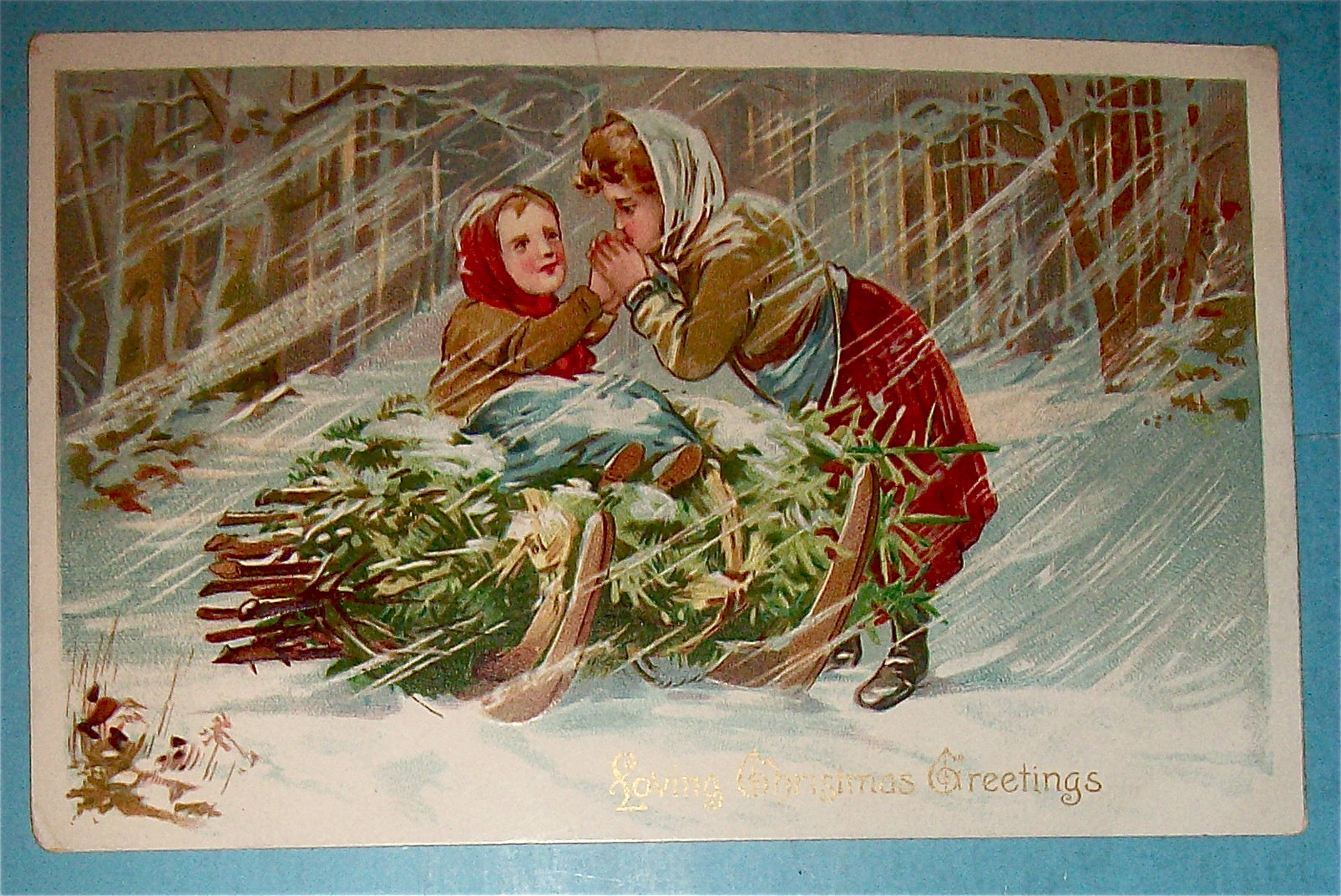 Christmas Greetings Postcard w/Woman & Son with Tree